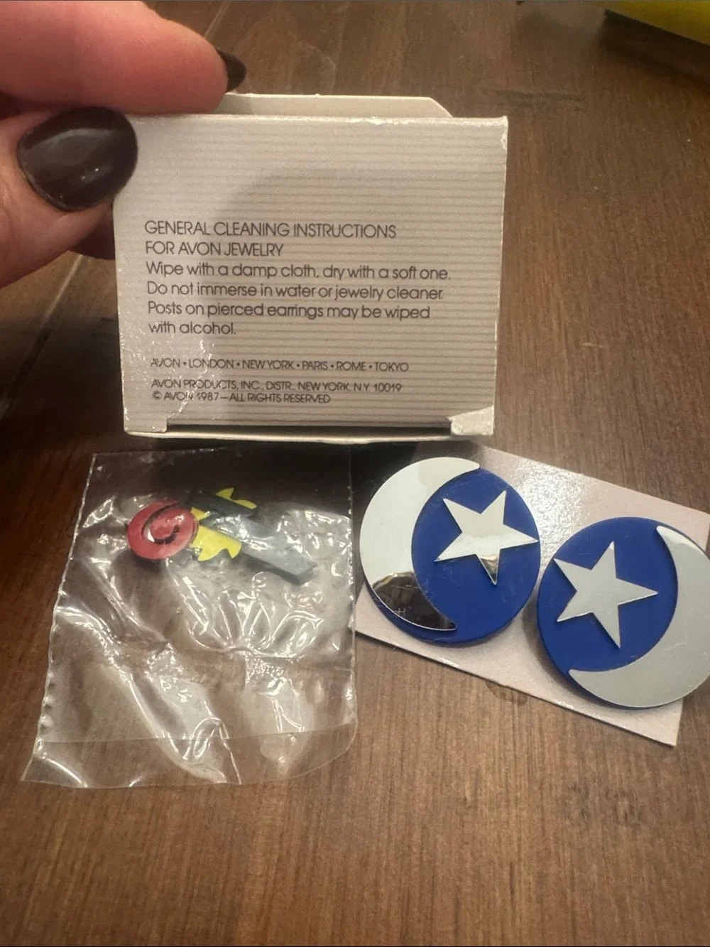 Vintage Avon Blue base w/ Star Crescent Magnetic Collar Clip Earrings- brand new